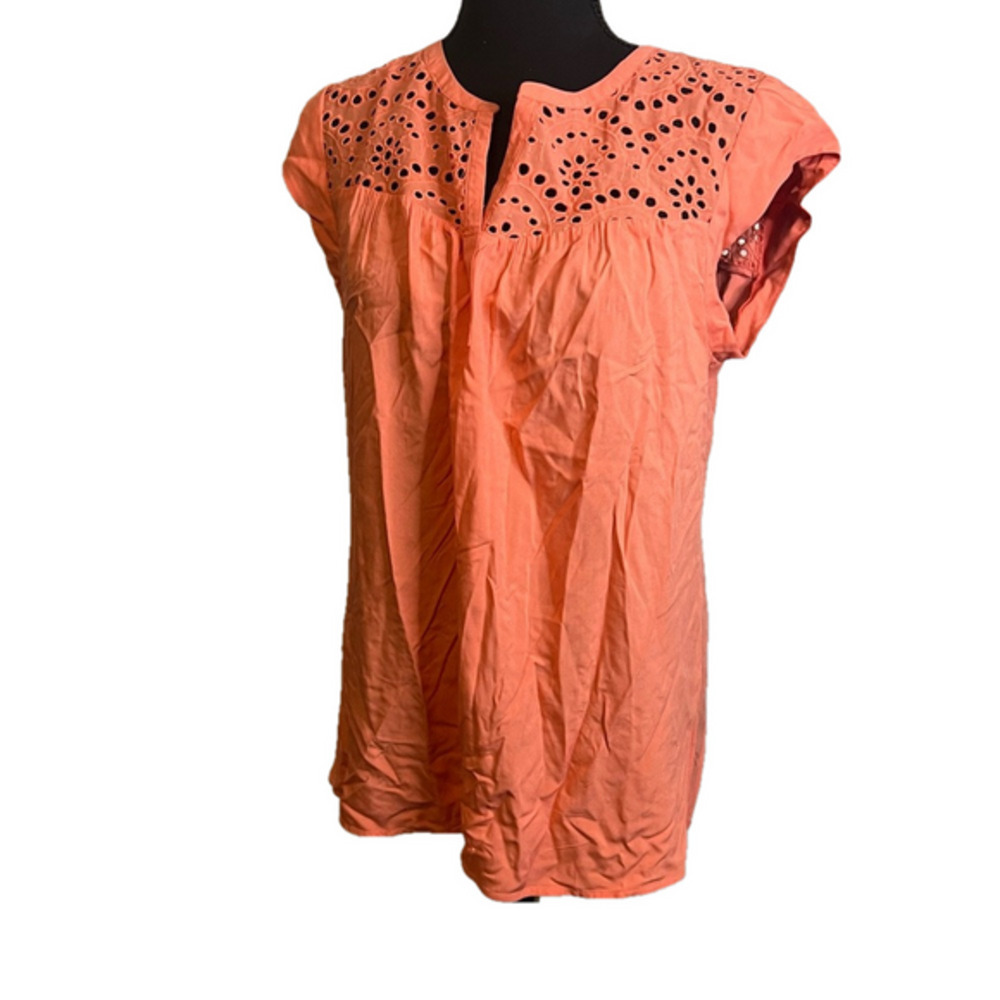 Daniel Rainn Cap Sleeve Tunic Blouse Womens S Coral Orange Rayon Eyelet Bodice